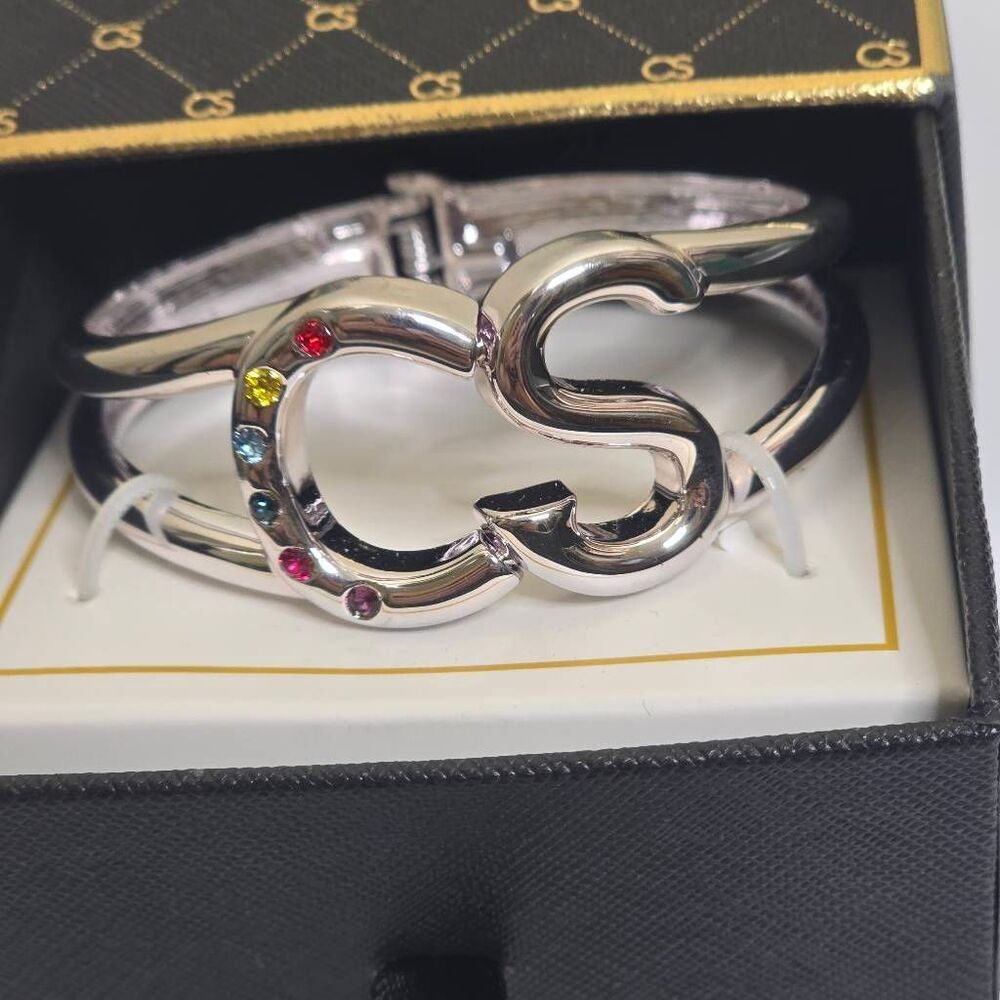 Color Street CS Logo Silver Hinged Bangle Bracelet Multicolor Rhinestone